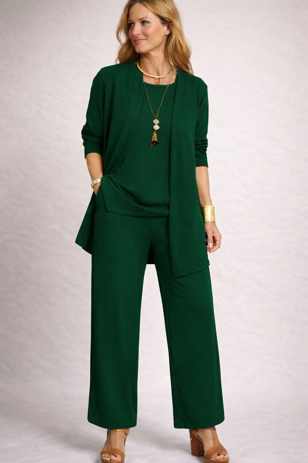Knit Cardigan and Wide Leg Trousers Three Piece Set