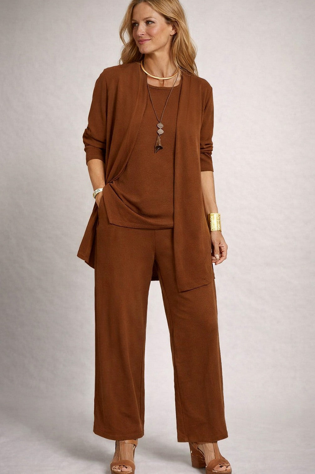 Knit Cardigan and Wide Leg Trousers Three Piece Set