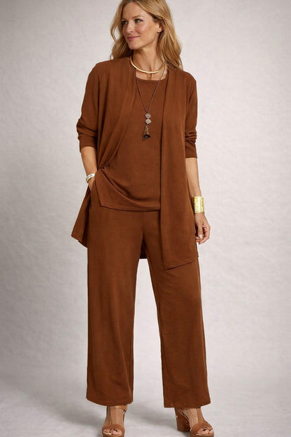 Knit Cardigan and Wide Leg Trousers Three Piece Set