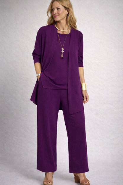 Knit Cardigan and Wide Leg Trousers Three Piece Set