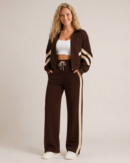 Fleece Striped Zip Up Jacket and Wide Leg Trousers Set