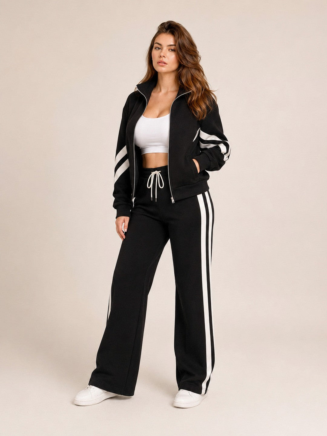 Fleece Striped Zip Up Jacket and Wide Leg Trousers Set