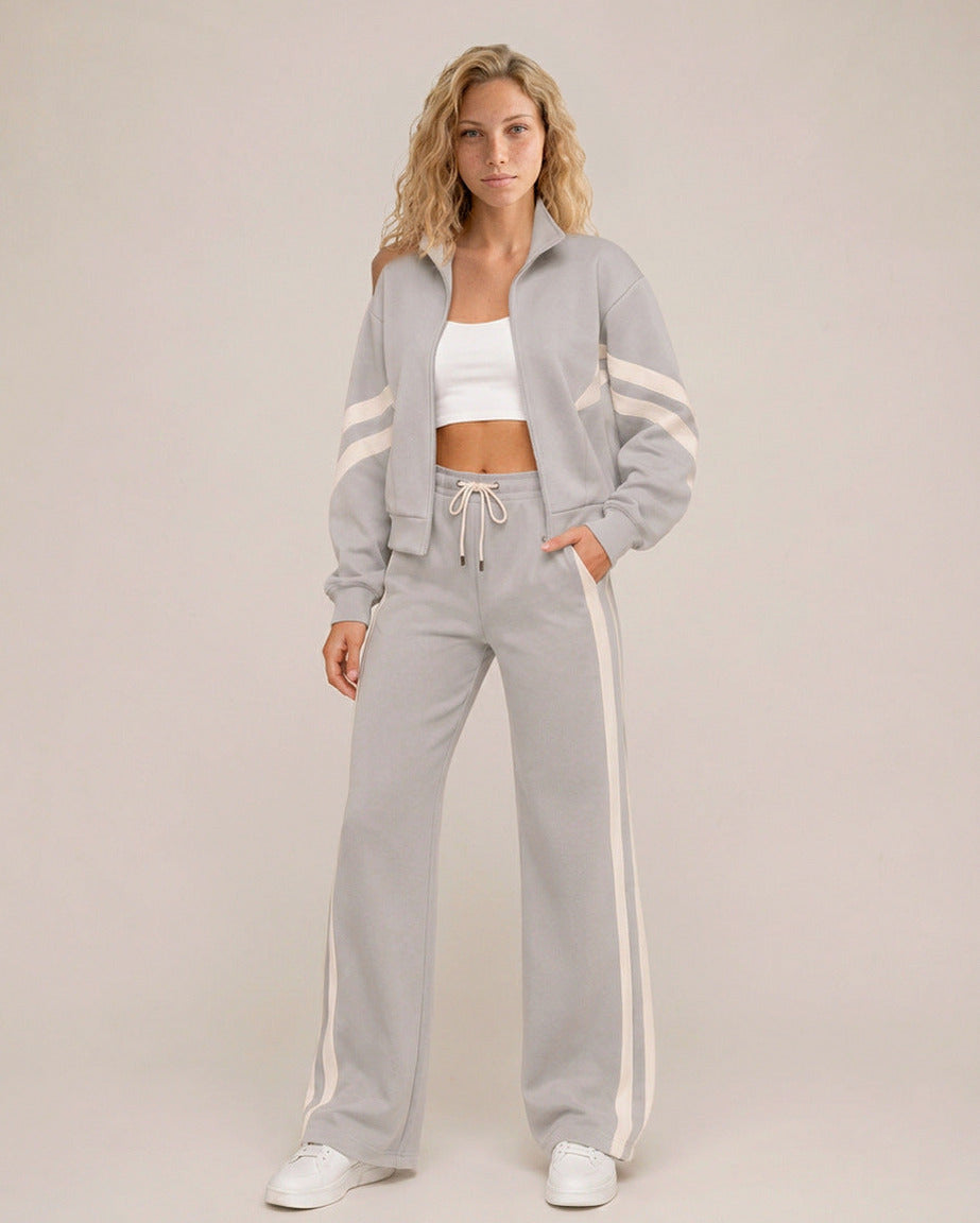 Fleece Striped Zip Up Jacket and Wide Leg Trousers Set