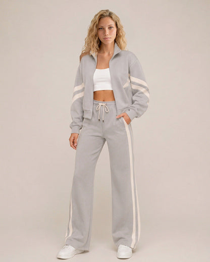 Fleece Striped Zip Up Jacket and Wide Leg Trousers Set