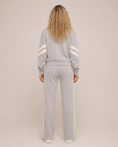 Fleece Striped Zip Up Jacket and Wide Leg Trousers Set