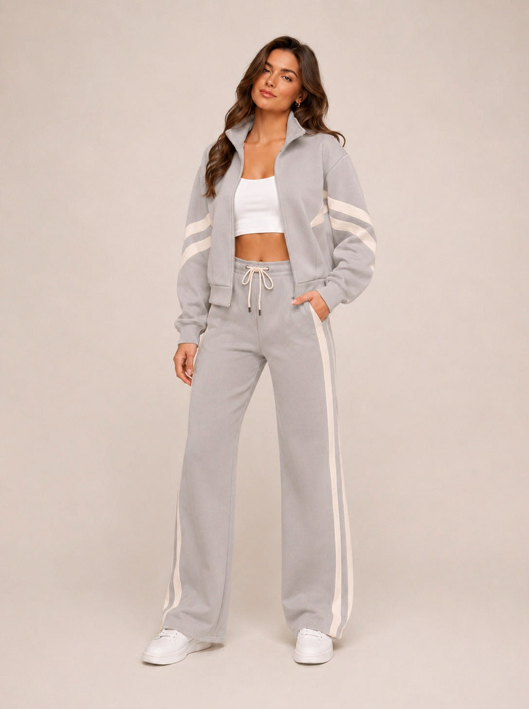 Fleece Striped Zip Up Jacket and Wide Leg Trousers Set