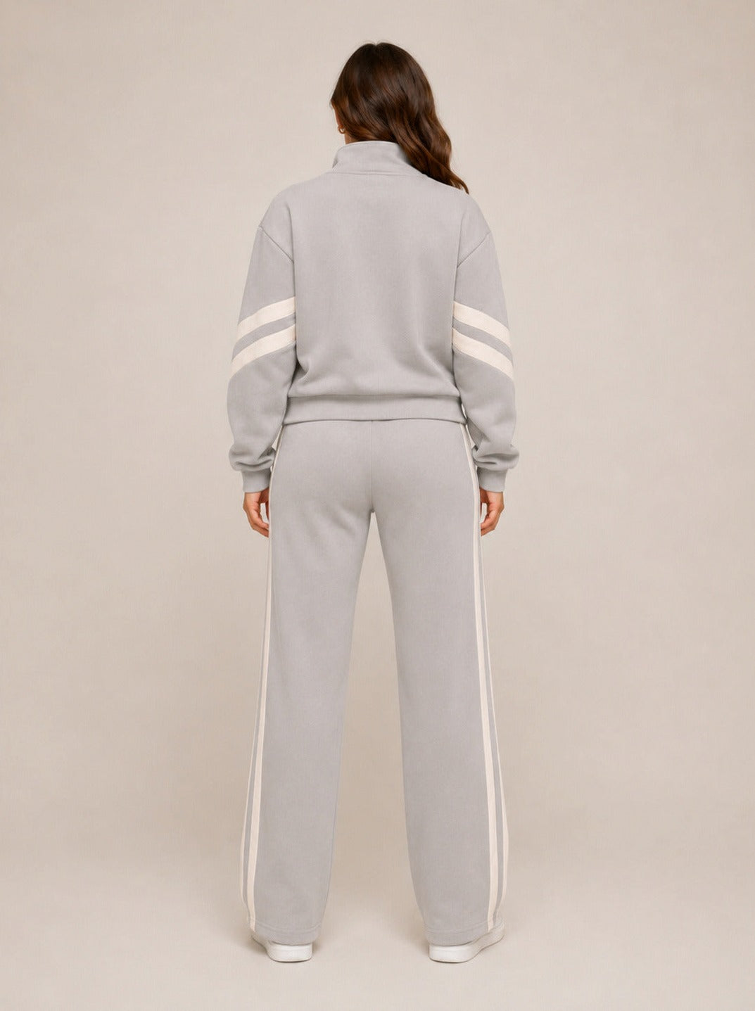 Fleece Striped Zip Up Jacket and Wide Leg Trousers Set