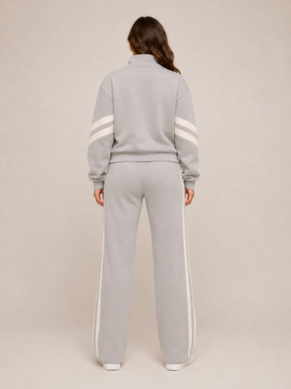 Fleece Striped Zip Up Jacket and Wide Leg Trousers Set