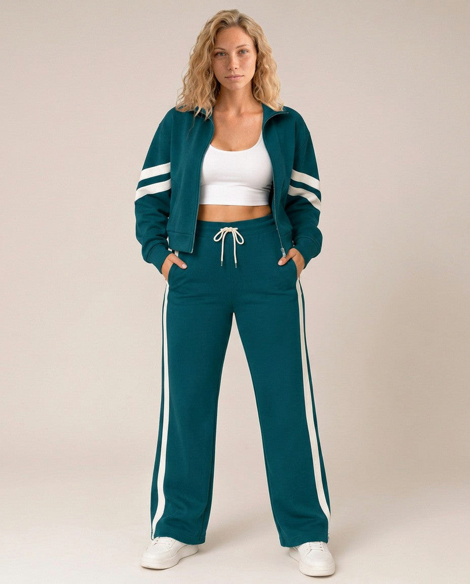 Fleece Striped Zip Up Jacket and Wide Leg Trousers Set