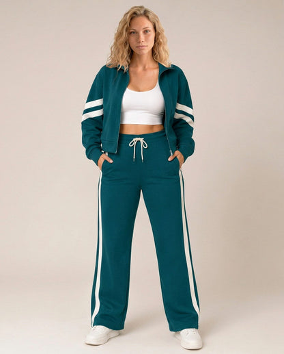 Fleece Striped Zip Up Jacket and Wide Leg Trousers Set