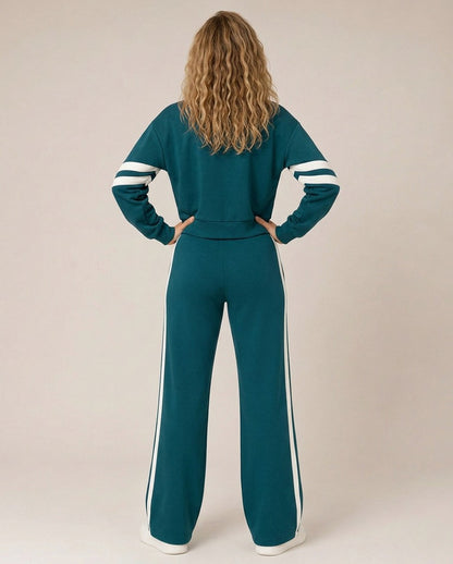 Fleece Striped Zip Up Jacket and Wide Leg Trousers Set