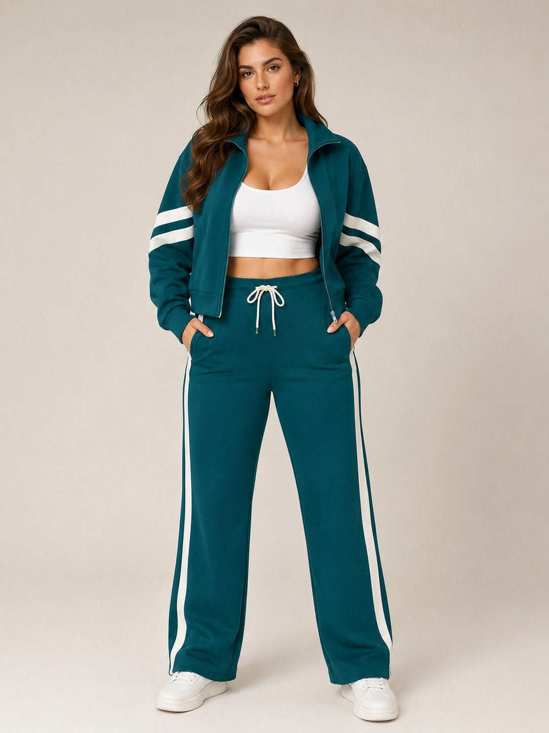 Fleece Striped Zip Up Jacket and Wide Leg Trousers Set