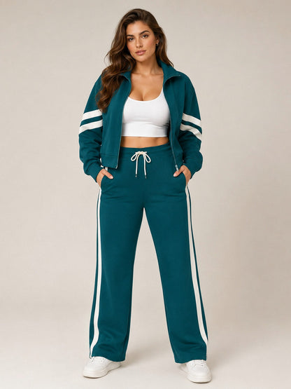 Fleece Striped Zip Up Jacket and Wide Leg Trousers Set