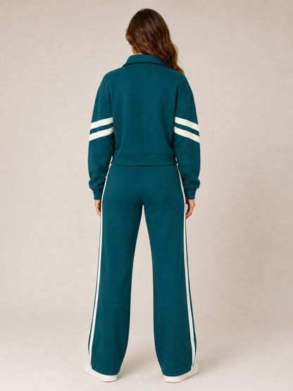 Fleece Striped Zip Up Jacket and Wide Leg Trousers Set