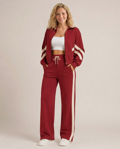 Fleece Striped Zip Up Jacket and Wide Leg Trousers Set