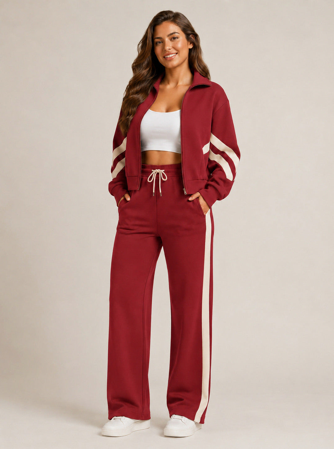Fleece Striped Zip Up Jacket and Wide Leg Trousers Set