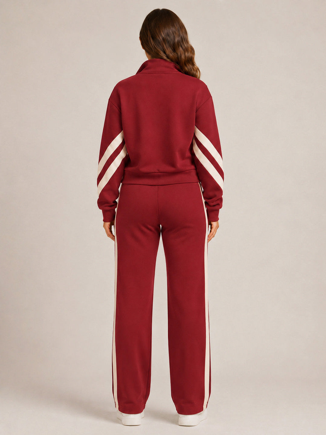 Fleece Striped Zip Up Jacket and Wide Leg Trousers Set