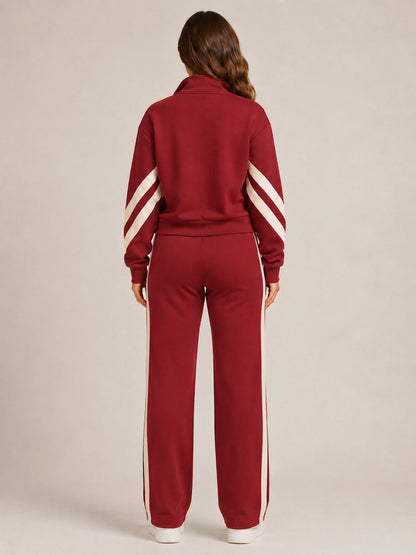 Fleece Striped Zip Up Jacket and Wide Leg Trousers Set