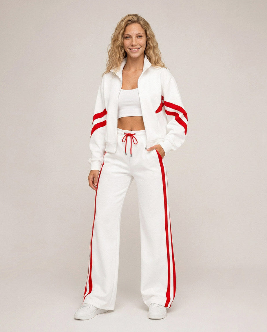 Fleece Striped Zip Up Jacket and Wide Leg Trousers Set