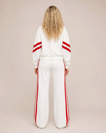 Fleece Striped Zip Up Jacket and Wide Leg Trousers Set