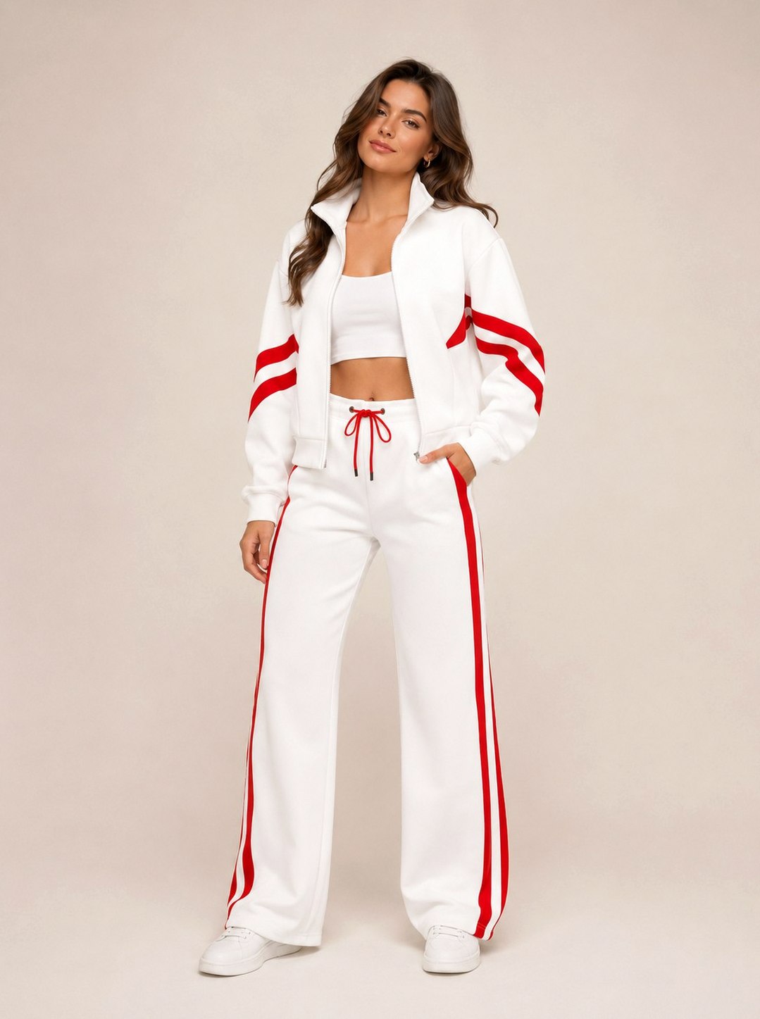 Fleece Striped Zip Up Jacket and Wide Leg Trousers Set