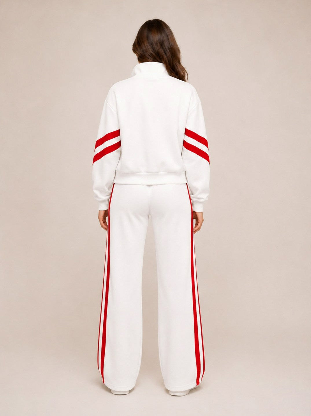 Fleece Striped Zip Up Jacket and Wide Leg Trousers Set