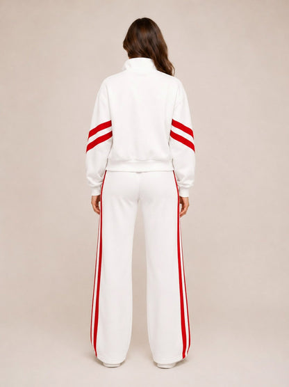 Fleece Striped Zip Up Jacket and Wide Leg Trousers Set