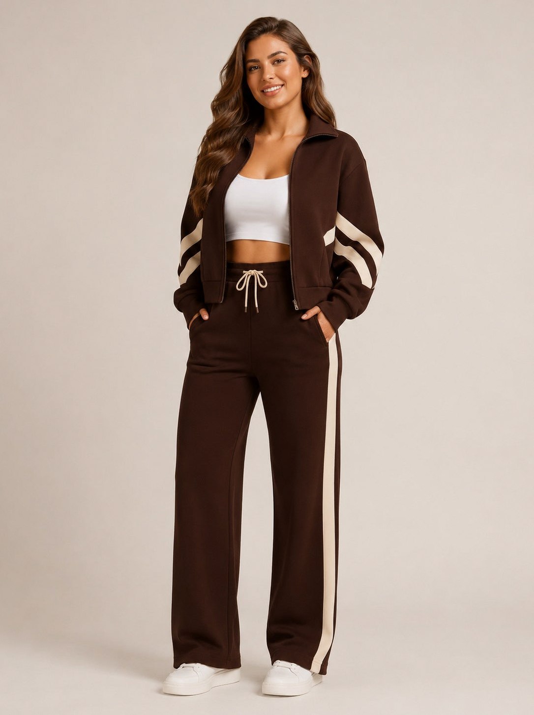 Fleece Striped Zip Up Jacket and Wide Leg Trousers Set