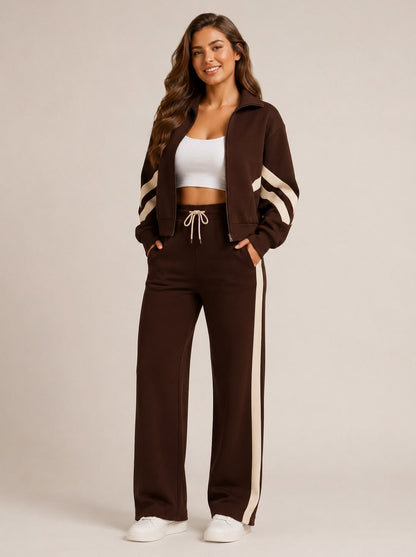 Fleece Striped Zip Up Jacket and Wide Leg Trousers Set
