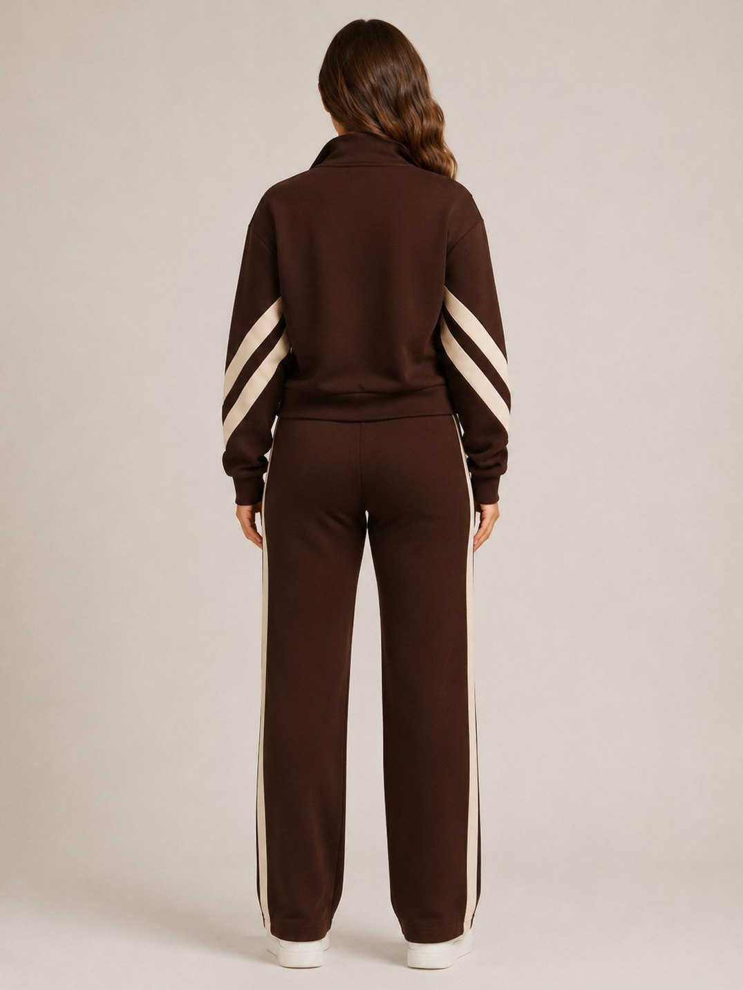 Fleece Striped Zip Up Jacket and Wide Leg Trousers Set