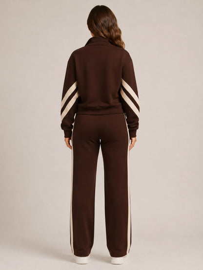 Fleece Striped Zip Up Jacket and Wide Leg Trousers Set