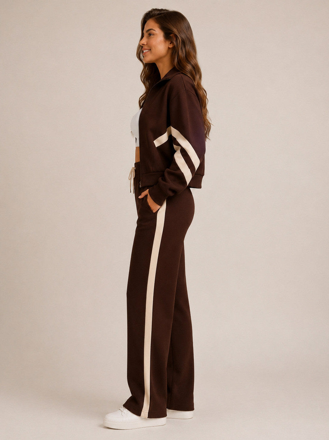 Fleece Striped Zip Up Jacket and Wide Leg Trousers Set