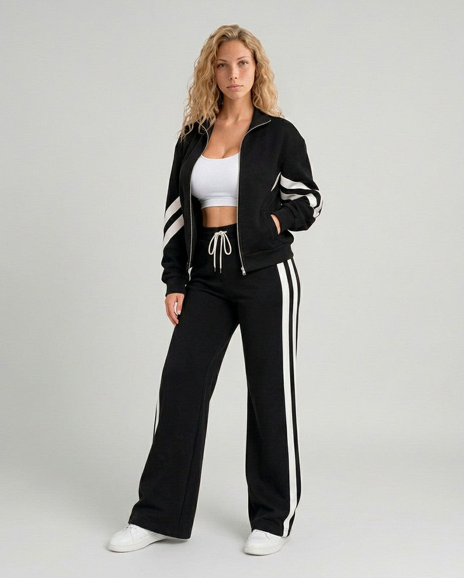Fleece Striped Zip Up Jacket and Wide Leg Trousers Set