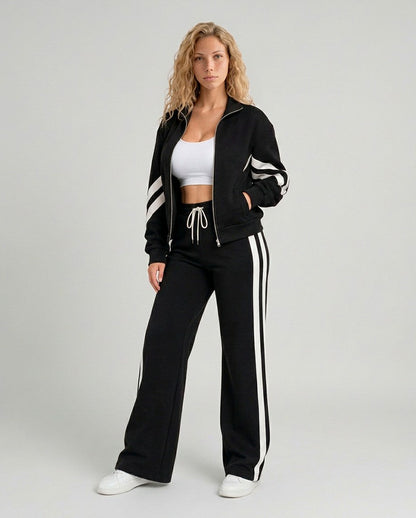 Fleece Striped Zip Up Jacket and Wide Leg Trousers Set
