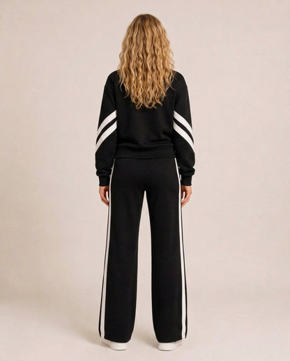 Fleece Striped Zip Up Jacket and Wide Leg Trousers Set