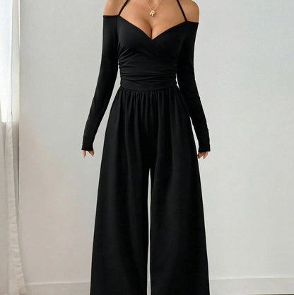 Jersey Wrap Long Sleeve Wide Leg Jumpsuit
