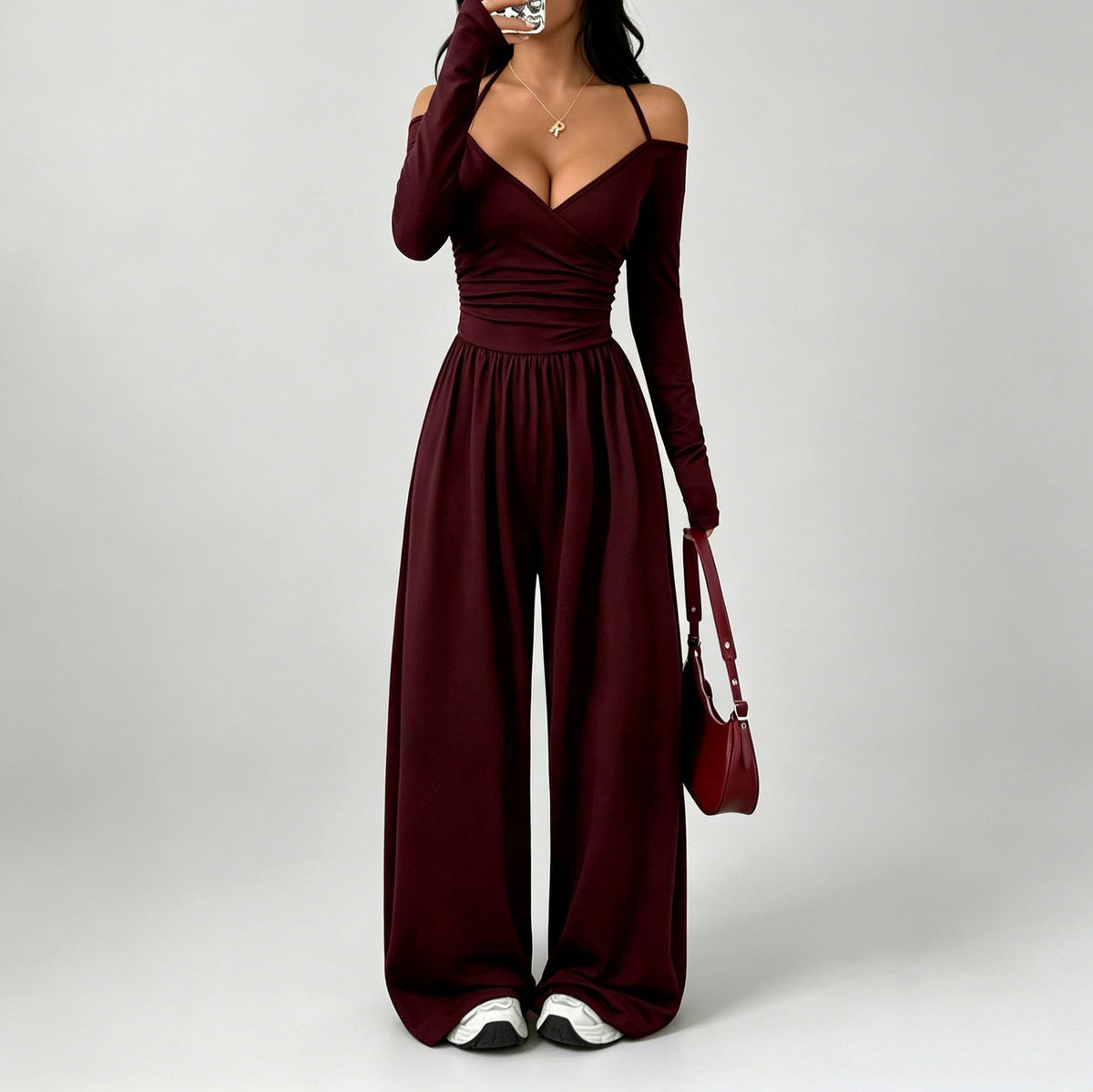 Jersey Wrap Long Sleeve Wide Leg Jumpsuit