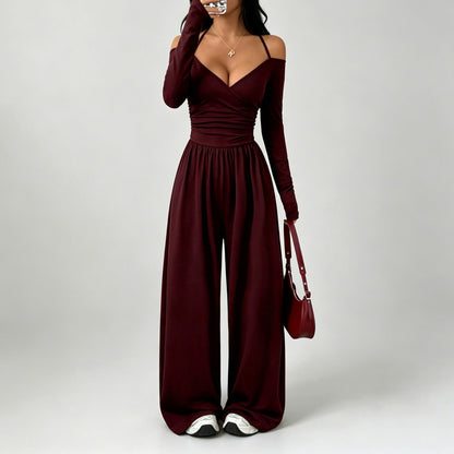 Jersey Wrap Long Sleeve Wide Leg Jumpsuit