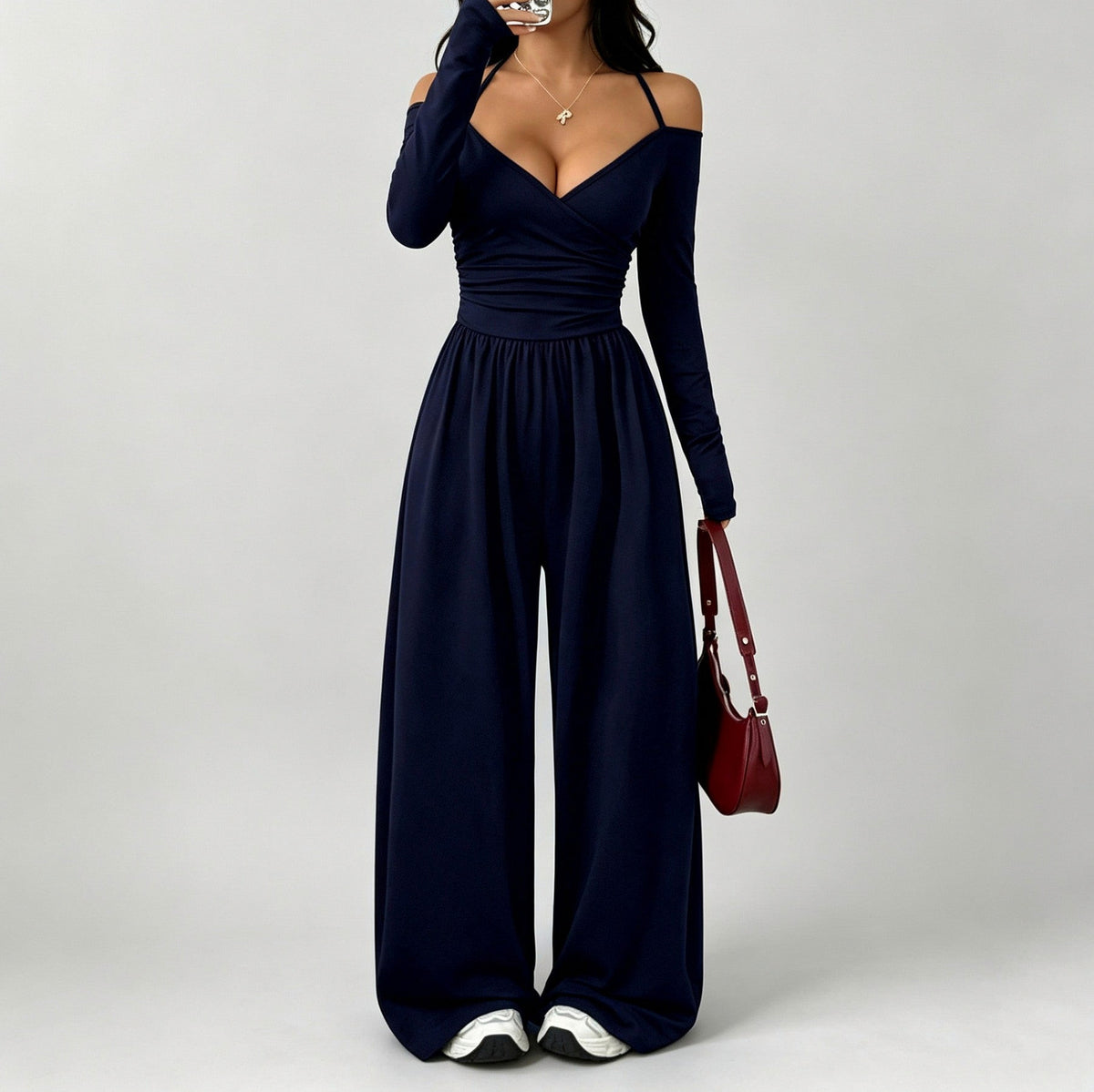 Jersey Wrap Long Sleeve Wide Leg Jumpsuit