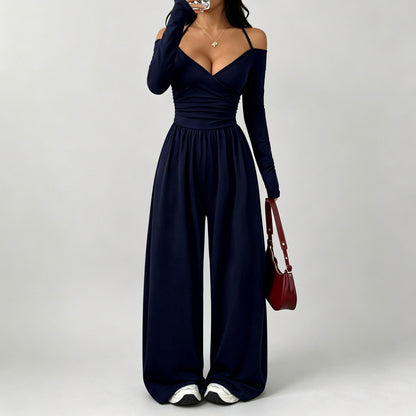 Jersey Wrap Long Sleeve Wide Leg Jumpsuit