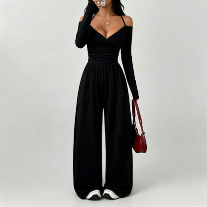 Jersey Wrap Long Sleeve Wide Leg Jumpsuit