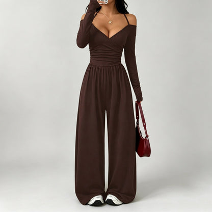 Jersey Wrap Long Sleeve Wide Leg Jumpsuit