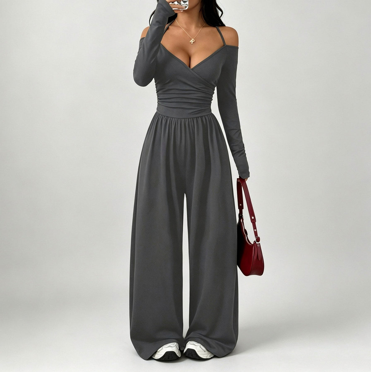 Jersey Wrap Long Sleeve Wide Leg Jumpsuit