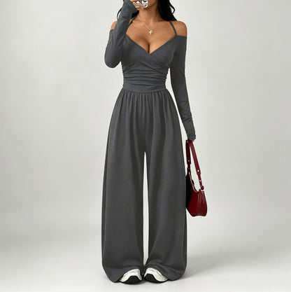 Jersey Wrap Long Sleeve Wide Leg Jumpsuit
