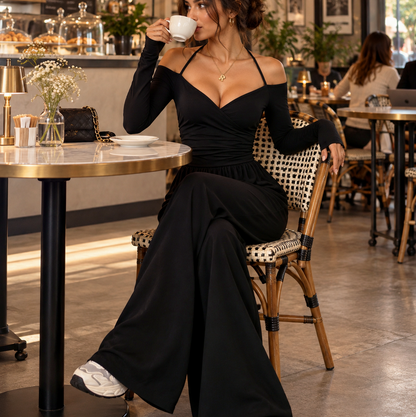 Jersey Wrap Long Sleeve Wide Leg Jumpsuit