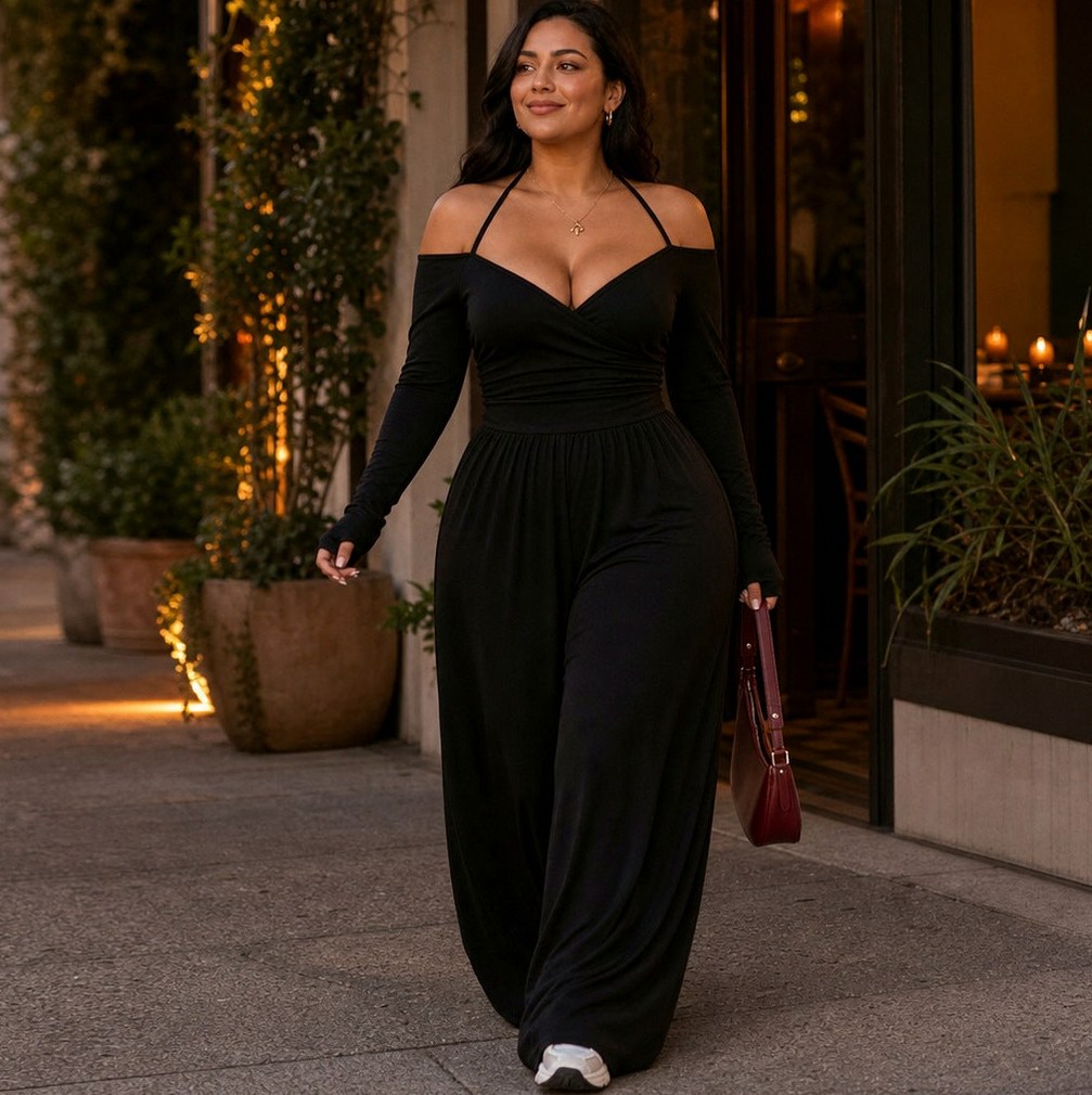 Jersey Wrap Long Sleeve Wide Leg Jumpsuit
