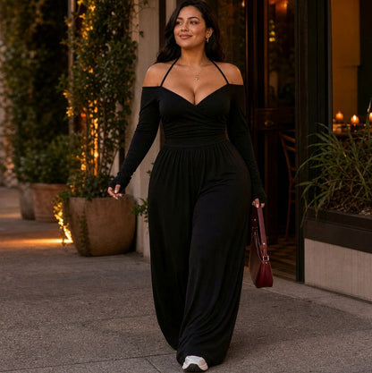 Jersey Wrap Long Sleeve Wide Leg Jumpsuit