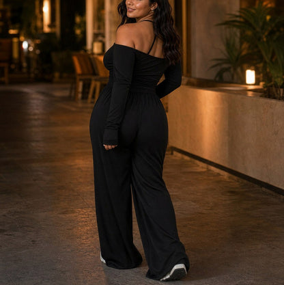 Jersey Wrap Long Sleeve Wide Leg Jumpsuit