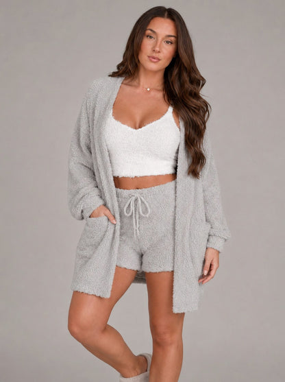 Fleece Cardigan Top and Shorts Co Ord Set