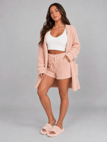 Fleece Cardigan Top and Shorts Co Ord Set